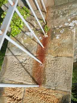 View showing relationship between metal railings and masonry on Whorlton Suspension Bridge July 2016